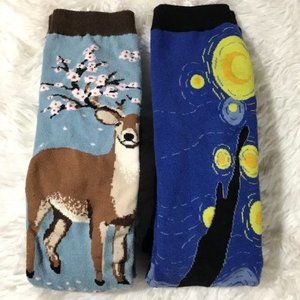 Deer Antler Blossoms & Starry Night Artisan Cotton Blend Knee High Socks Set
